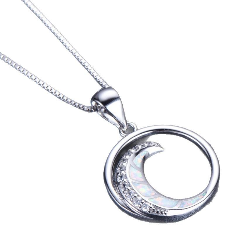 Hot White Orb with White Diamonds Moon Shaped Glossy Circle Pendant Necklace Stylish Simple Necklace