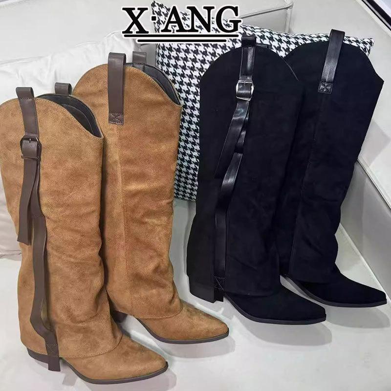Cow Velvet Pointed Thick Heel Thin Trouser Boots Brown Knight Boots Knee High Boots Long Boots Western Cowboy Boots