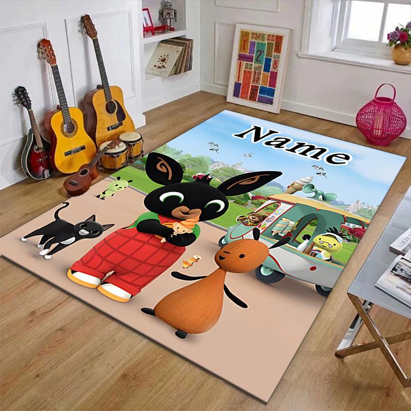 Custom Bing Bunny Mat Personalized Name, Polyester Washable Indoor Entryway Rug, Gift for Christmas, Easter, Thanksgiving Day
