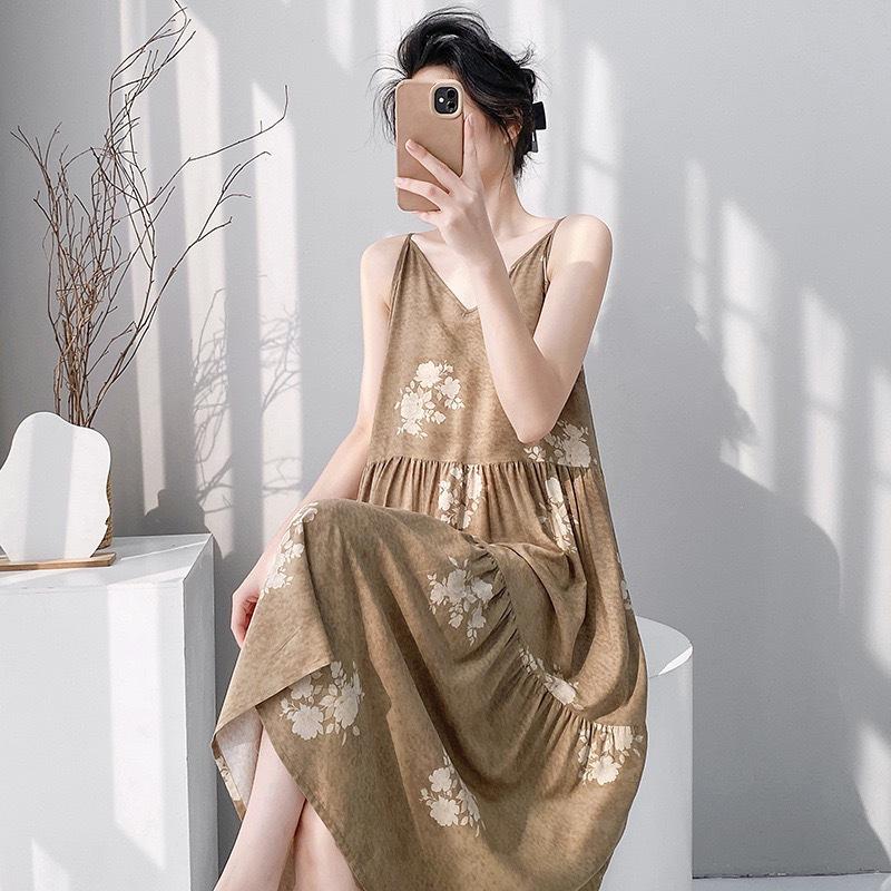 New Women's Cotton and Silk Nightgown Summer Thin Large Size Printing Sweet Floral Pajamas Sleeveless Outer Suspenders