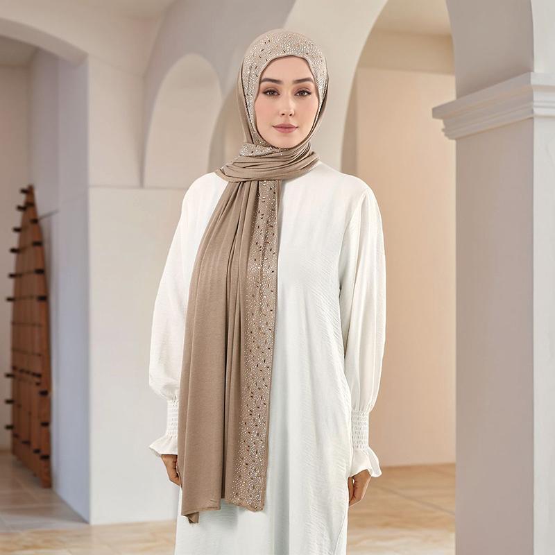 Ramadan Muslimischer Schimmer Strass Jersey Baumwolle Hijab Schal für Damen Einfacher Kopfschal Schal Wickeltuch Islamisches Stirnband Turban Bandana