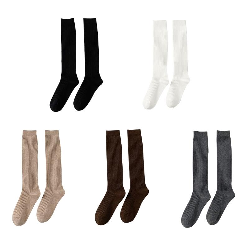 Women Ribbed Knitting Cotton Long Socks Autumn Winter Warm Fashion Solid Color Casual Breathable Knee High Stockings