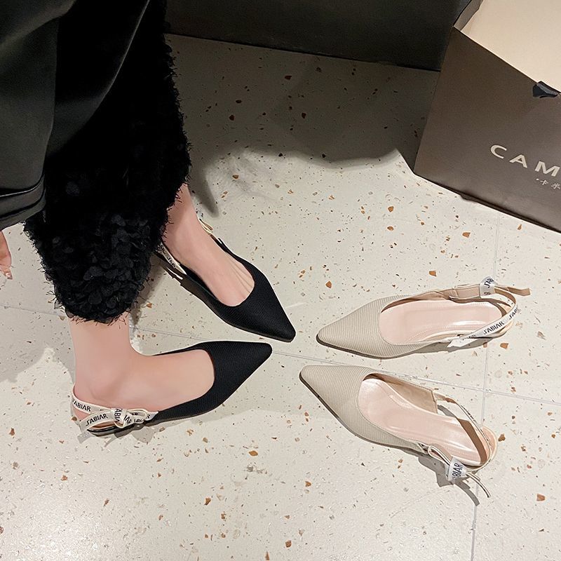 European and American retro pointed head light mouth back empty flats letter bow knitted sandals women's 2025 summer and autumn new models
