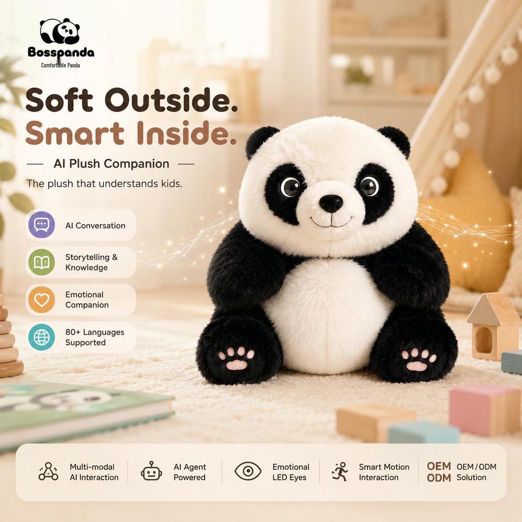 AI-Enhanced Multilingual Children's Panda Plush Toy with LED Emotion Eyes