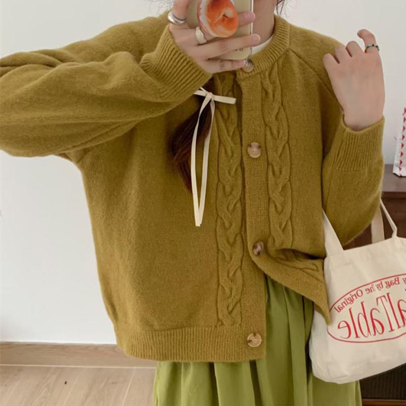 

Женский вязаный кардиган с круглым вырезом, однотонный свитер, куртка, топ One size зелёный