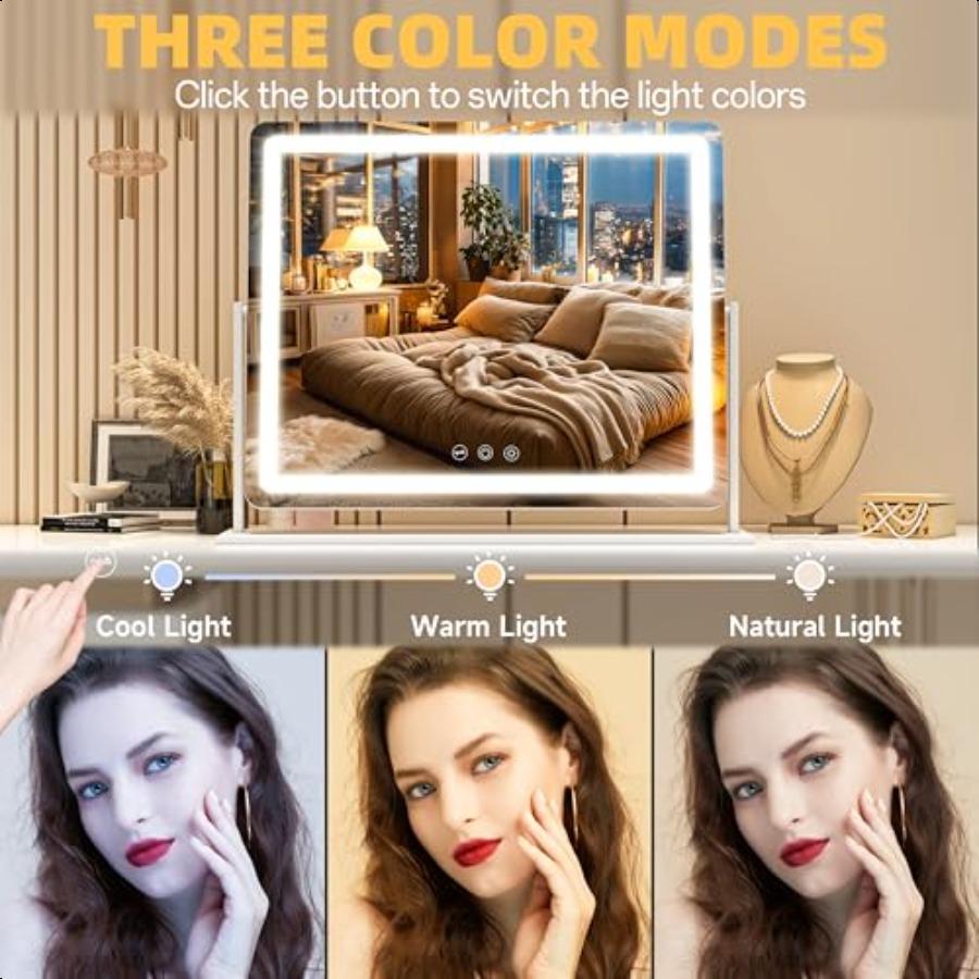 Vanity Mirror with Lights 23.6'' X 20'' Lighted Makeup Mirror Touch Screen with 3Color Lighting Dimmable for Vanity Desk Tablet