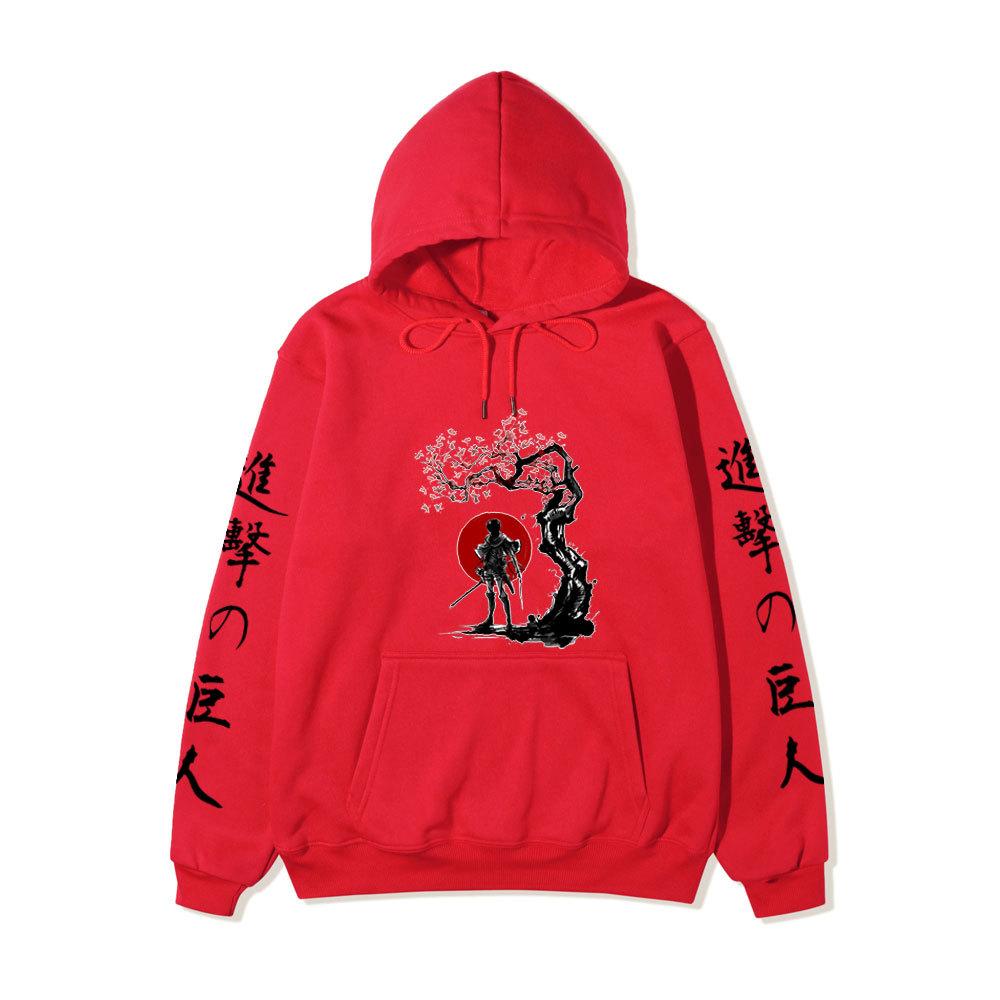 Attack On Titan Samurai Sakura Sun Design Unisex Fleece Hoodie Vertical Japanese Kanji Sleeve Anime Long Sleeve Pullover Sweatshirt
