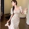 LC Internet celebrity gentle Mori vacation style dress summer year square neck bubble sleeve floral thin