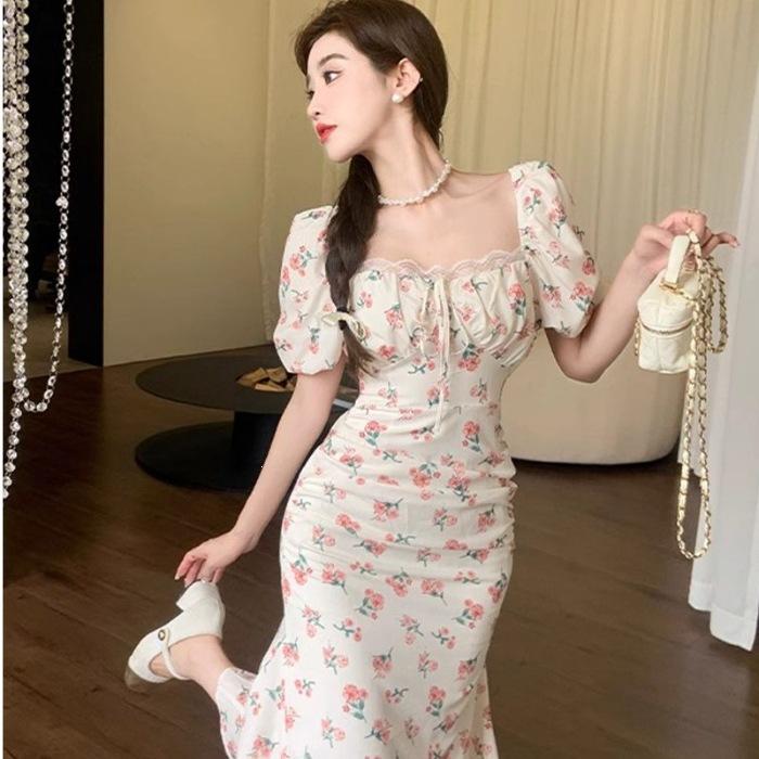 LC Internet celebrity gentle Mori vacation style dress summer year square neck bubble sleeve floral thin