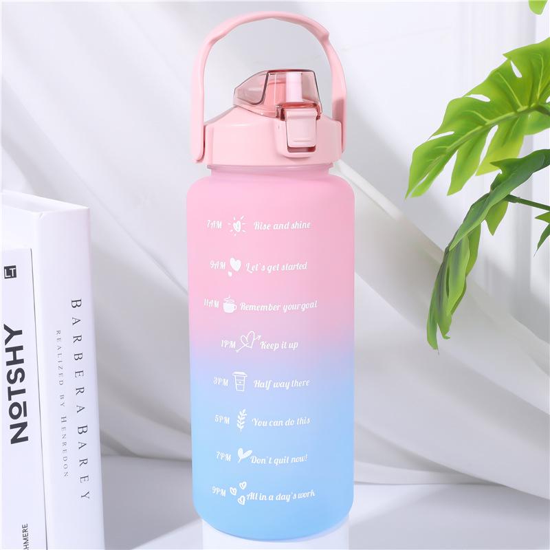 2000ml Frosted Gradient Sports Water Bottle with Handle & Straw, Large Capacity Plastic Cup
