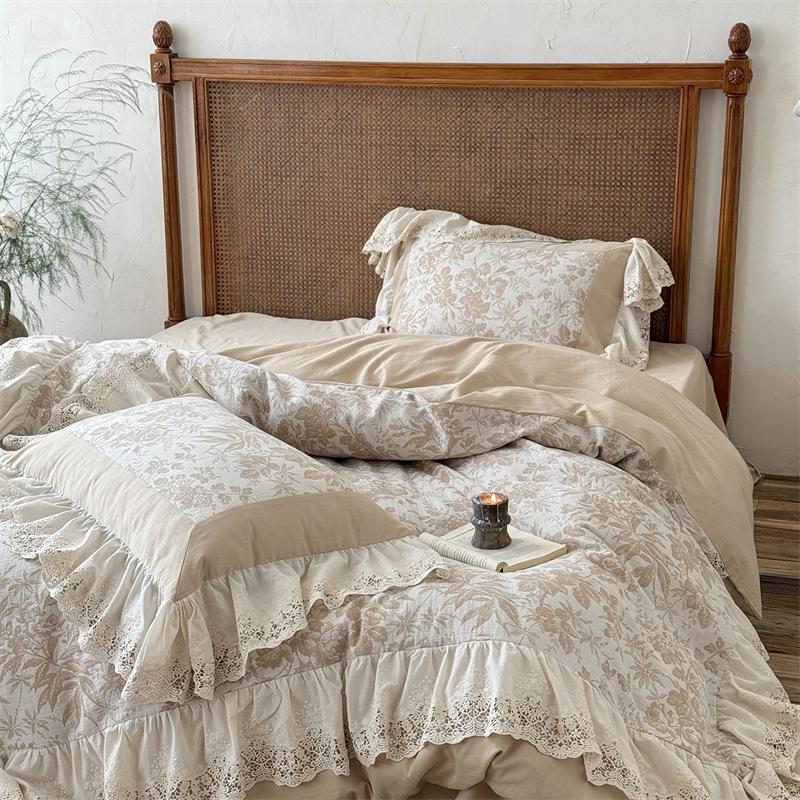 4/5Pcs French Vintage jacquard Lace Ruffles 100% Cotton Double Layer Yarn Bedding Sets Duvet Cover Flat/Fitted Sheet Pillowcases