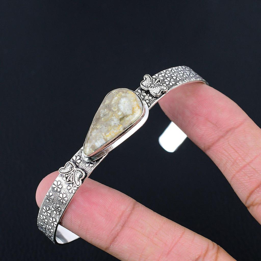 Sterling Silver Pear Root Chakra Natural Fossil Coral Handcrafted Sister Bangle