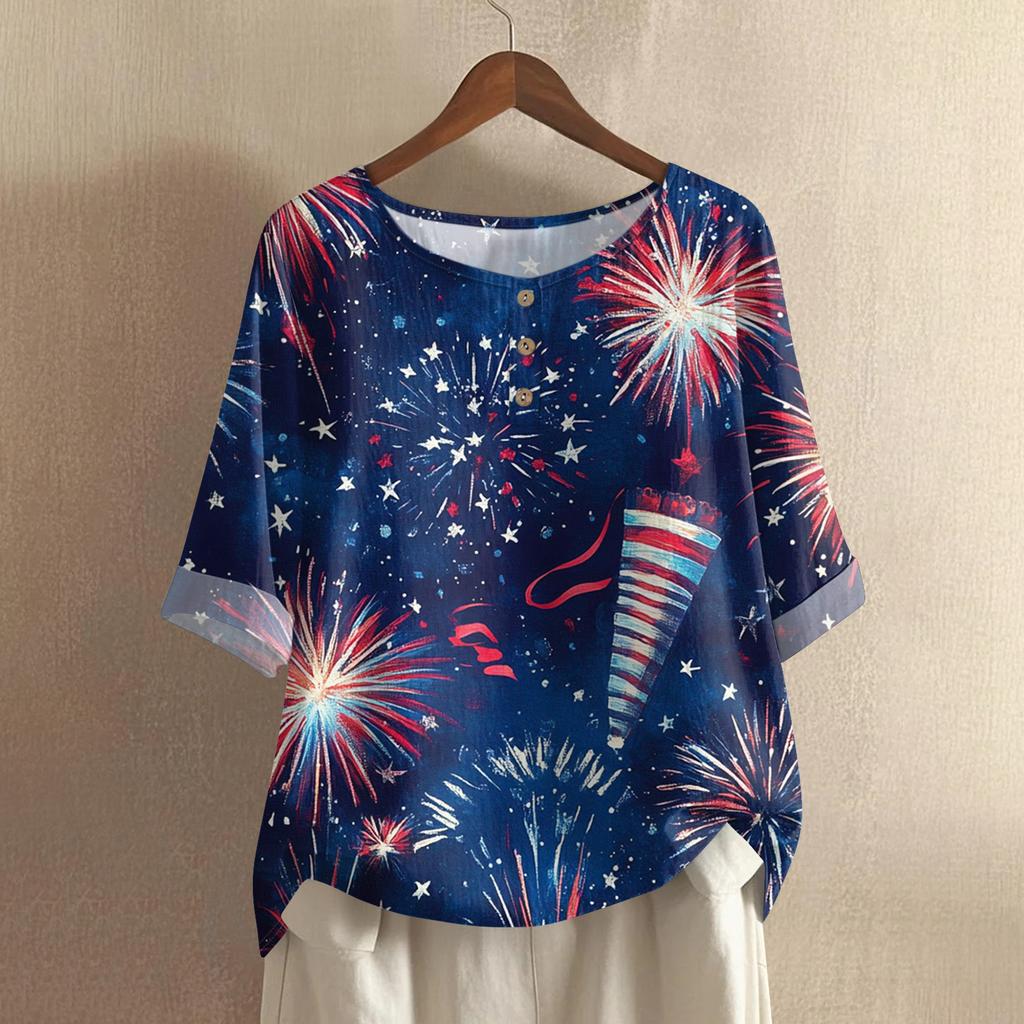 Womens Crew Neck Loose Fit Pullover T Shirt Top with Star Print Mid Sleeve Comfortable Casual Style for Daily Wear