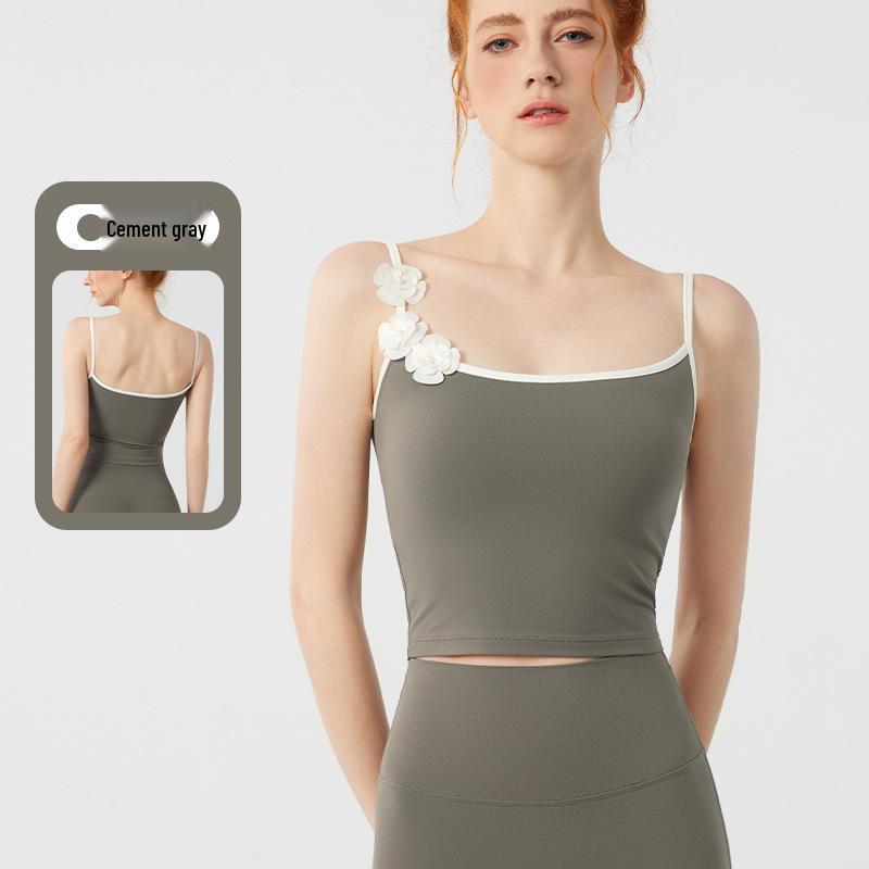 

European-American Slim Fit Yoga Tank Top with 3D Pearl Flower Design S