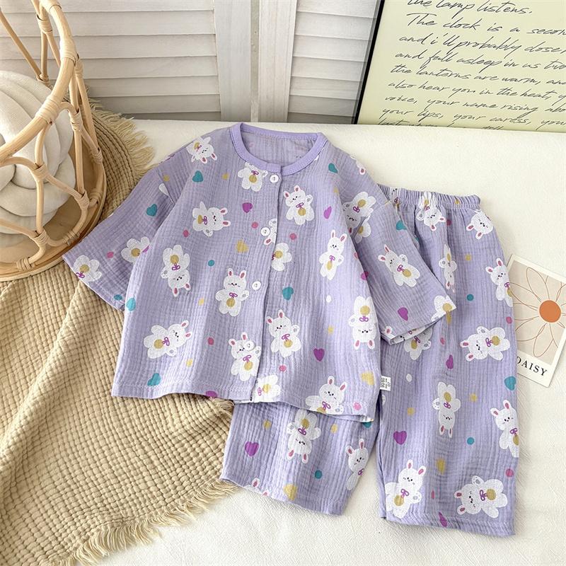 2026 Neues reines Baumwoll-Gaze-Schlafanzug-Set für Kinder für Frühling und Sommer Baumwollgarn Hauskleidung für Jungen und Mädchen