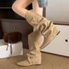 Fashion Khaki Faux Suede Mid Calf Boots for Women 2025 Fashion Pointed Toe Pleated Western Boots Woman Slip On Autumn Winter Booties