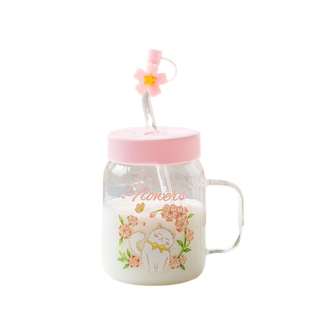 Relief Transparent Cat High Temperature Glass Cup Cute Large Capacity Straw Student Female Milk Breakfast Cup Office
