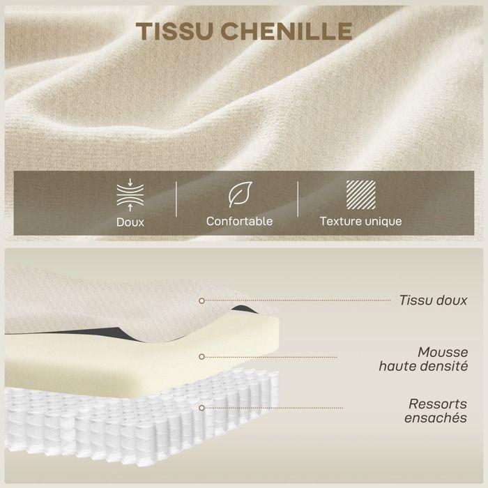 3-seater sofa - HOMCOM - wide seat, 3 cushions - fully compressed, no assembly - chenille fabric - 260cm - cream