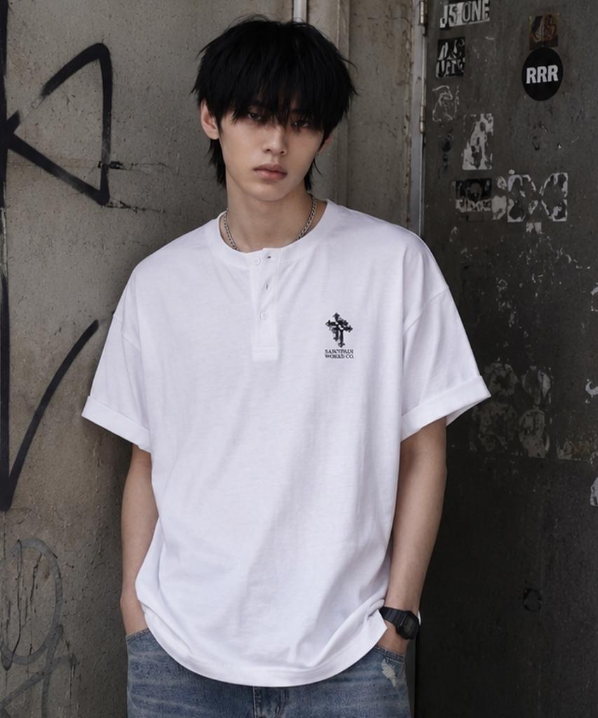 SAINTPAIN Sp Double Cross Heavyweight Henley Neck Short Sleeve Tee White