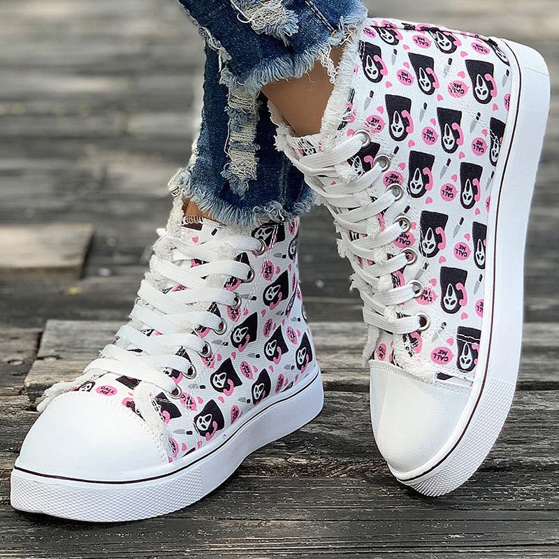 Women's Board Shoes Printed Large Size High-top Canvas Shoes Flat-soled Lace-up Casual Shoes