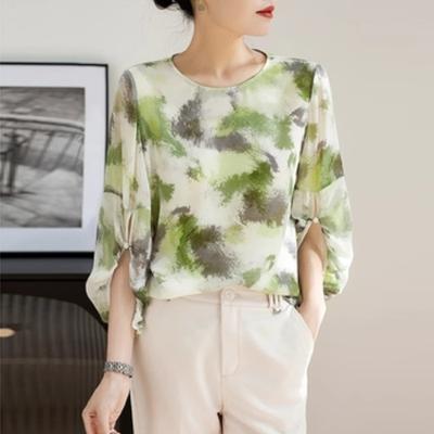 Mulberry Silk Shirt Summer Clothes Elegant Casual Loose Round Collar Tops For Women Vintage Print Light And Thin Blouse 27202
