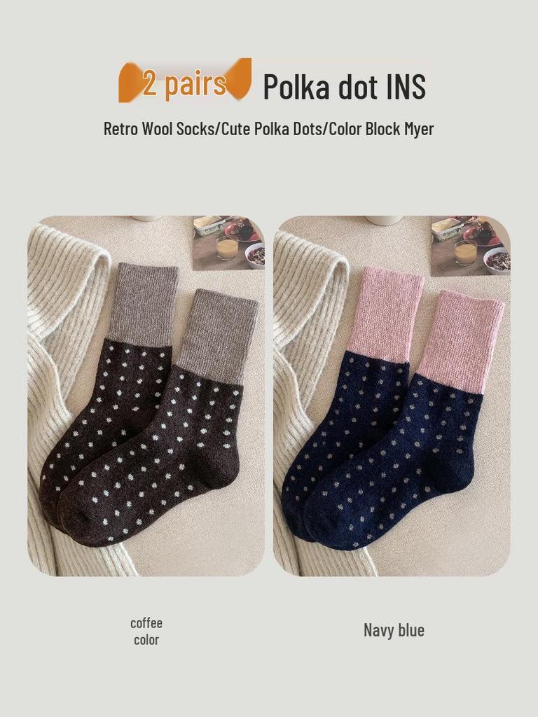 Women's Retro Polka Dot Mid-Calf Cashmere Socks - Warm & Thickened for Autumn/Winter