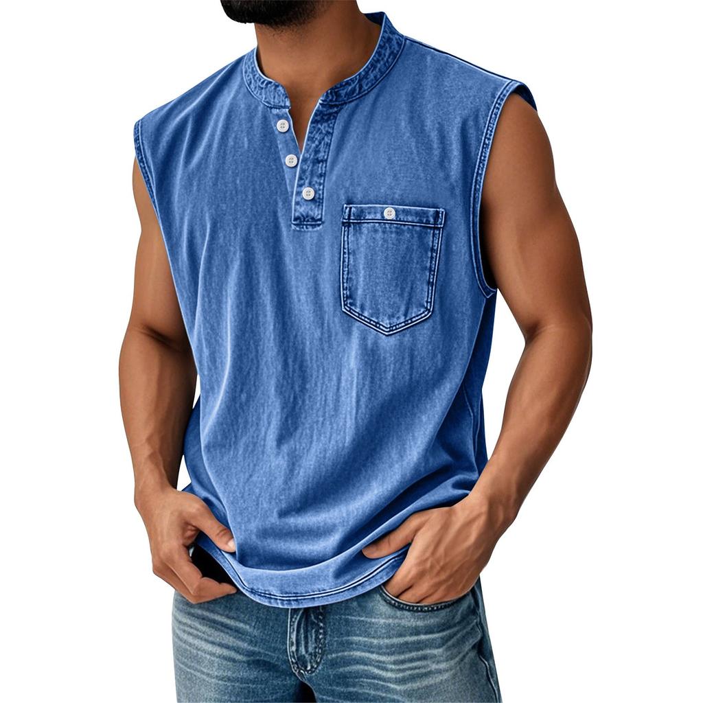 Canotta da uomo senza maniche con scollo Henley, abbottonatura e taschino sul petto, vestibilità casual ampia, maglietta estiva