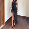 Y2K Spice Girl Temperament Elegant Slim Lace Splicing Split Evening Dress Long Dress Two Wear Neck Halter Dress