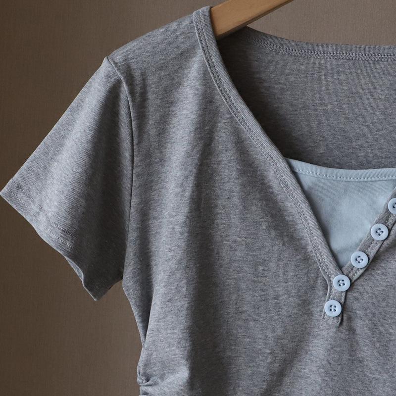 2025 Korean Style V-Neck Color Block Waist-Slimming Two-Piece Look Short-Sleeve T-Shirt