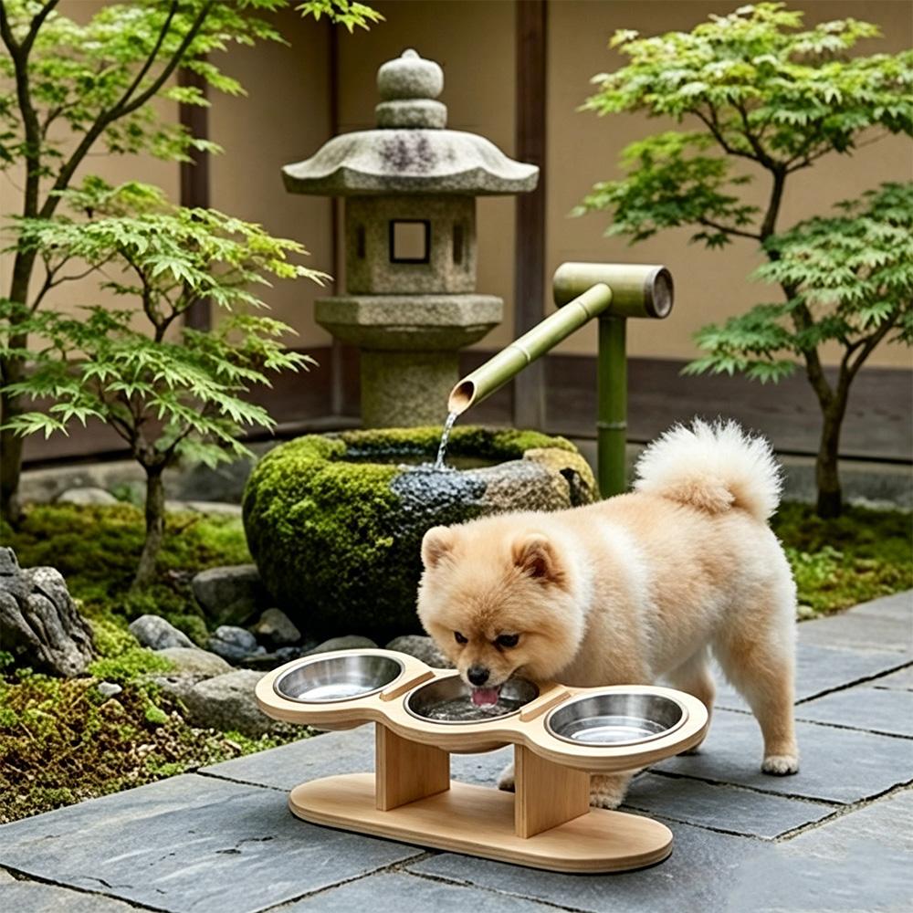 3-in-1 Elevated Pet Feeder Wooden Raised Stand with 3 Stainless Steel Bowls Neck Protection Food Water Dish for Cats Small Dogs