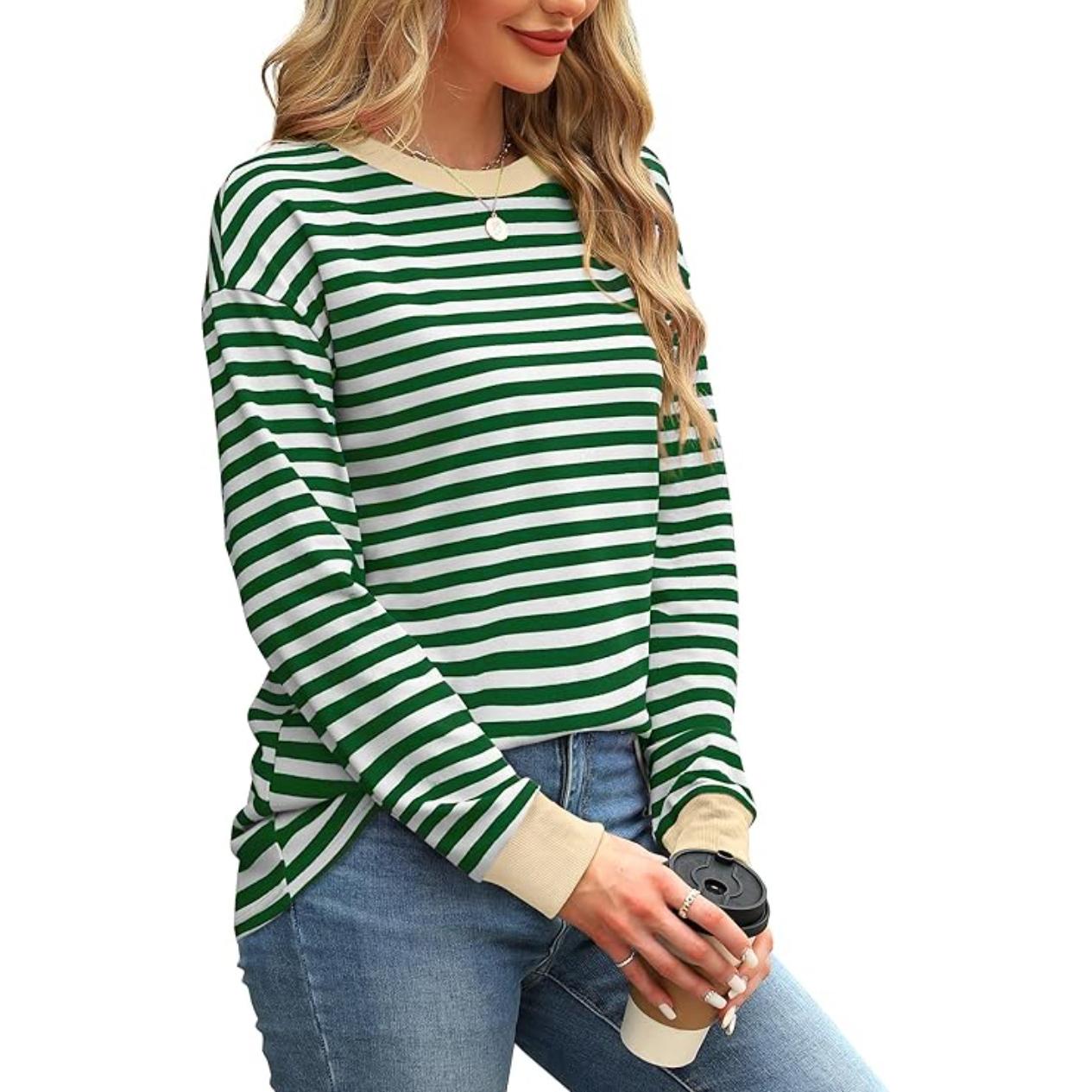 

Жіноча базова сорочка осінь та зима нова мода контрастний колір вільний круглий виріз смугастий топ з довгим рукавом XXL темно-зелений колір