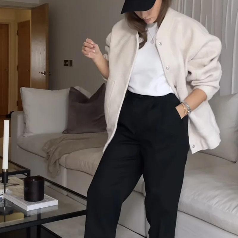 Women Fashion Vintage Pockets Woolen Jacket Autumn Casual Solid Long Sleeve Coat Snap Button Loose Outerwear