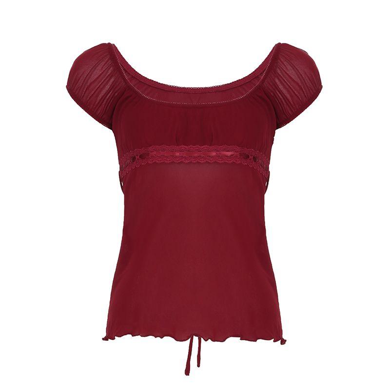 

Rockmore [French style Girl] Bow Corset Sexy Red Top Sweet off-Shoulder Short sleeve Doll Shirt Red S
