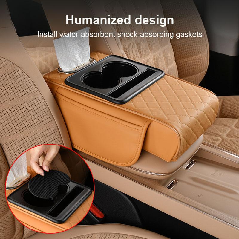 SEAMETAL 3 IN 1 Car Armrest Cushion Memory Foam Height Pad PU Leather Tissue Box with 2 Cup Holder