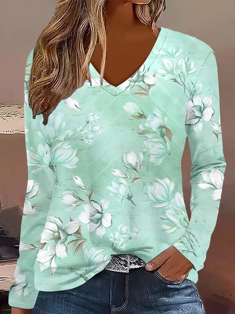 Women's Elegant V-Neck Marble Print Long Sleeve T-Shirt Soft Polyester Great for Autumn and Winter Casual Wear Floral Print Tops