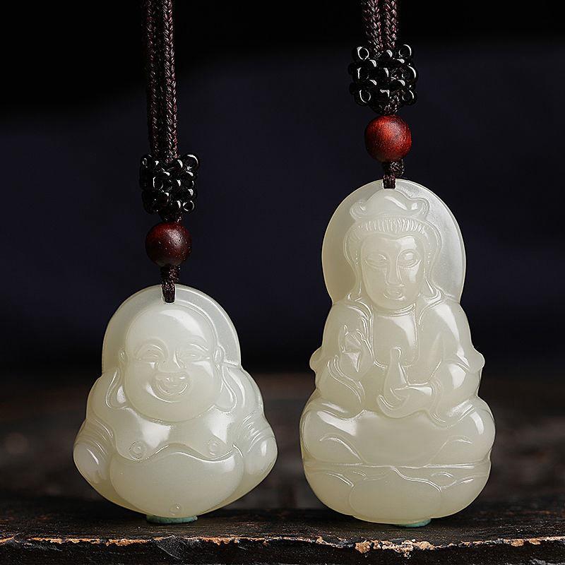 Natural Afghan White Jade Maitreya Buddha Guanyin Pendant - Laughing Buddha Couple Style Jade Stone Gift.