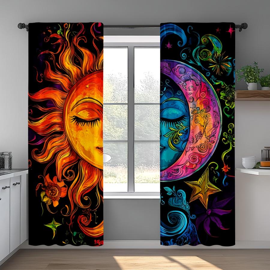 2 Pcs Digital Print Curtains Colorful Sun Moon Pattern Celestial Boho Decor For Living Room Bedroom Apartment Home