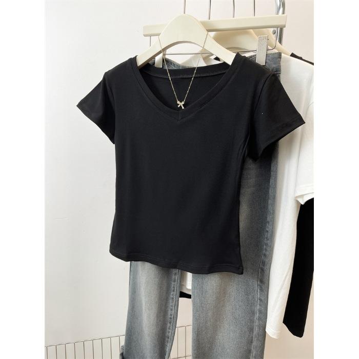

Special physical solid color shoulder top V-neck T-shirt women s versatile high-waisted short Spice Girl pure desire simple shirt XL чорний