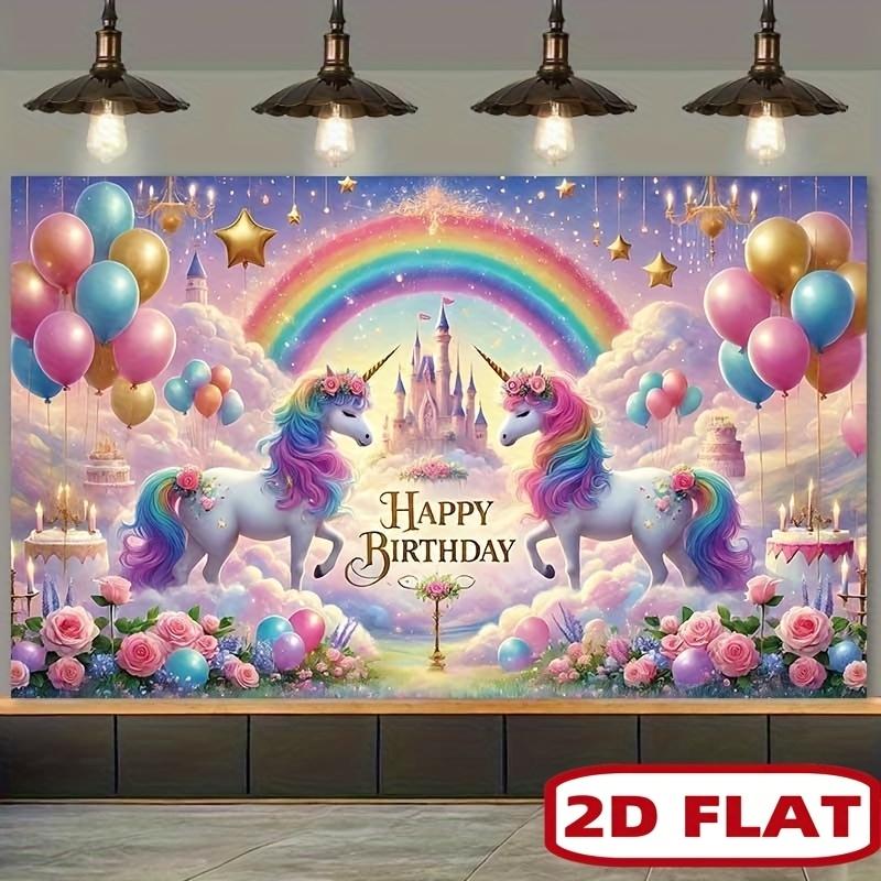 1pc, 2D flat, fairytale unicorn-themed rainbow and castle polyester backdrop, suitable for magical birthday celebrations, wsj