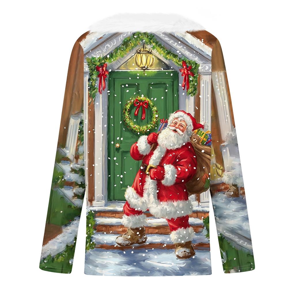 Women's Christmas Print Long Sleeve V-Neck Top with Plush Collar and Patchwork Design