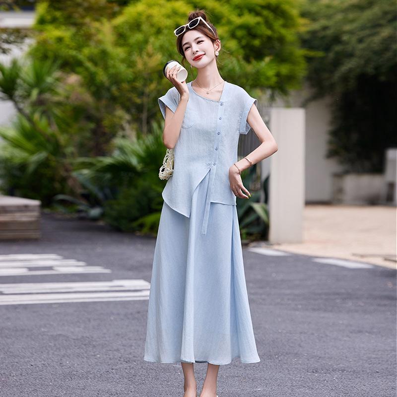 

Fashion linen blend shirt set skirt women s summer new skirt wear a complete set M світло-синій колір