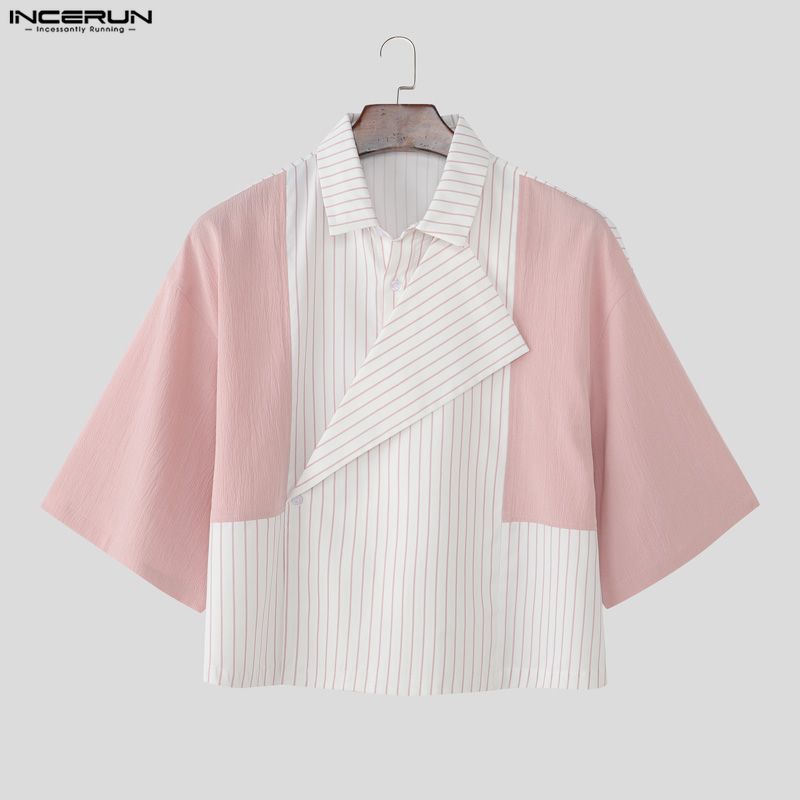 INCERUN Summer Men Lapel Neck Short Sleeve Striped Splicing Casual Short Cropped Shirts