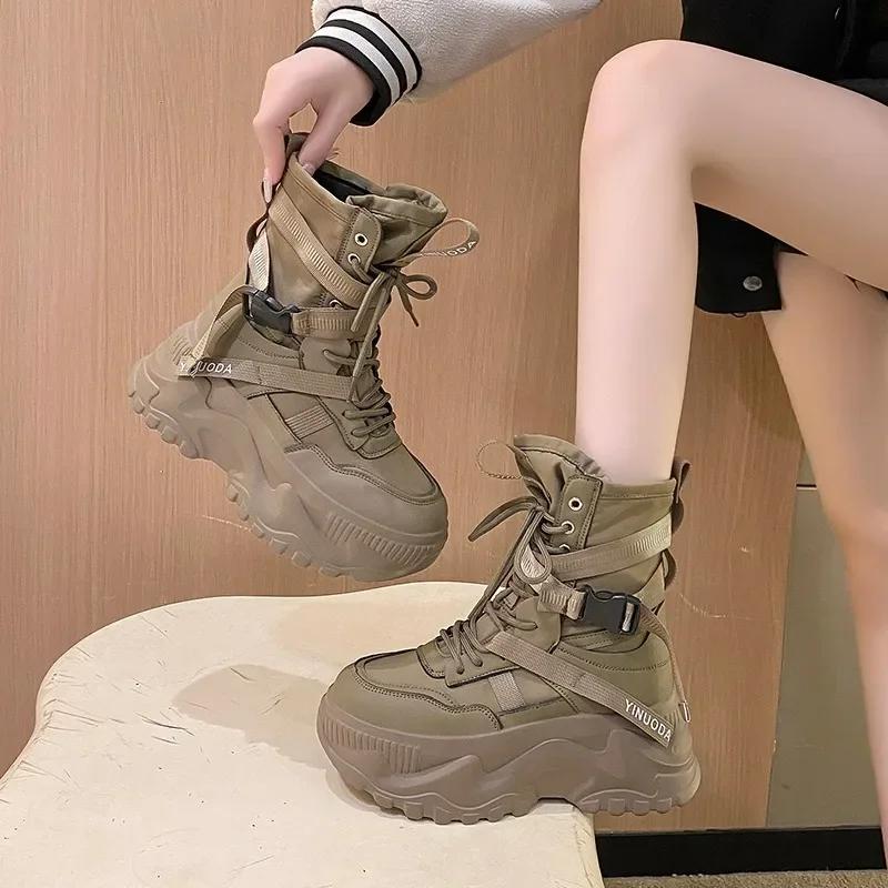 Móda Horká Móda Dámské Robustní Platformové Motorkářské Boty Bílé Šněrovací Boty se Silnou Podrážkou Dámské Podzimní Zimní Kotníkové Boty De Mujer