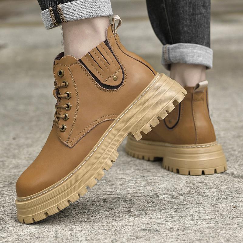 Herren Warme Winter Freizeitschuhe mit Dickem Boden Klassische Echtleder Herren Stiefeletten Schnürschuhe Bequeme Motorradstiefel Wanderschuhe