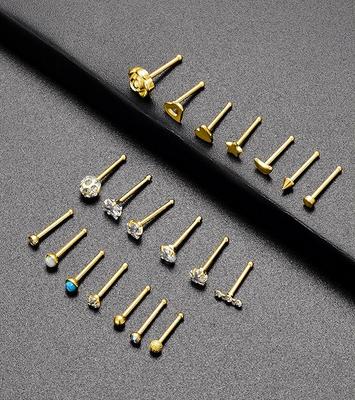 20G 20Pcs Nose Ring CZ Nose Stud Retainer Bone Shaped Nose Piercing Jewelry Set for Women Men Stainless Steel Gold Tone