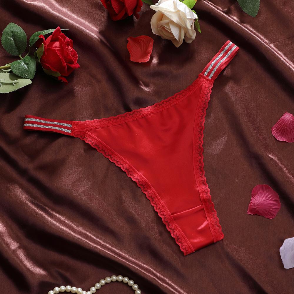 Sexy Women's Thongs Lace Trim T Back Panty Seamless For Women Ice Silk Shiny Belt G String Plus Size S-XL And Breathable Low Waist