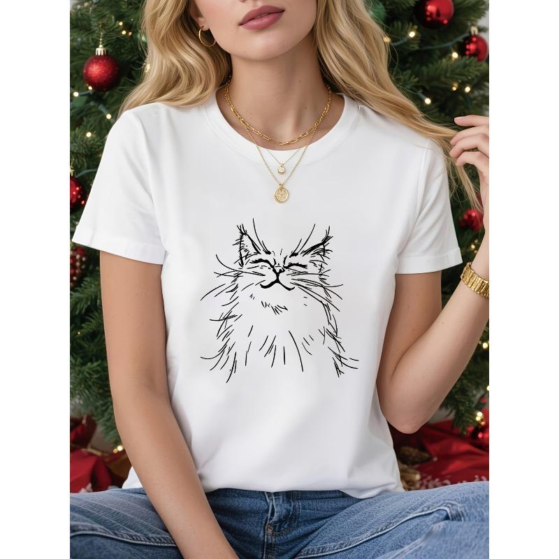 Plus Size - Plus Size - Oversized White Crew Neck T-Shirt with Cat Print | Casual Style, Comfort Fit, Fashionable Design, Soft Fabric, S белый
