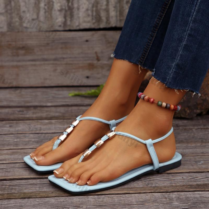 Fashion Fashion Casual Flat Sandals for Women Summer New Flat Shoes New Style Beaded Foot Elastic Band Roman Beach Shoes Plus-size 43