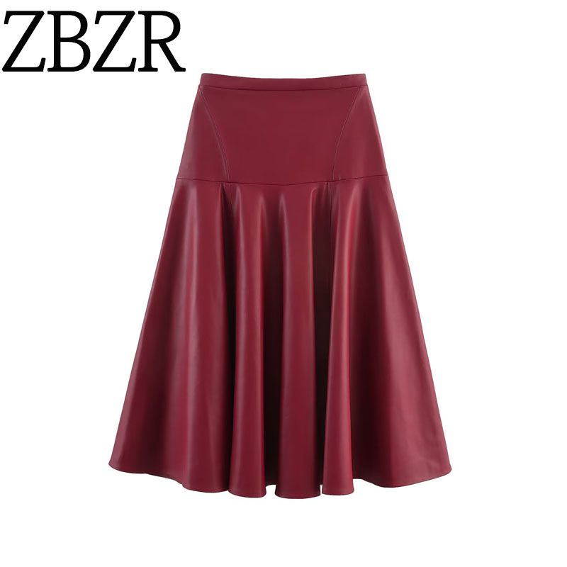 Zbzr Autumn New Women clothes Western Style Imitation Leather Elegant Temperament Patchwork Midi Skirt 8500910-