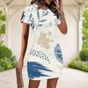 Women Plus Size Round Neck Short Sleeve Blue White Abstract Printed Fitted Mini Dress